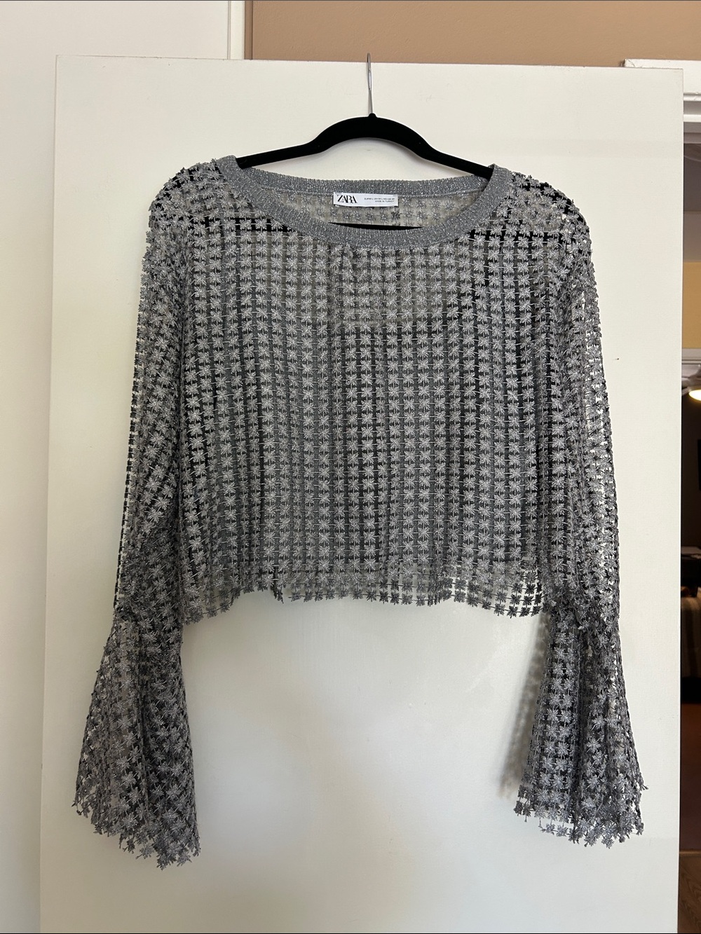 ZARA Silver Cropped Sheer Openwork Top